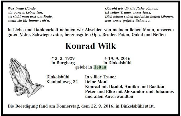 Wilk Konrad 1929-2016 Todesanzeige